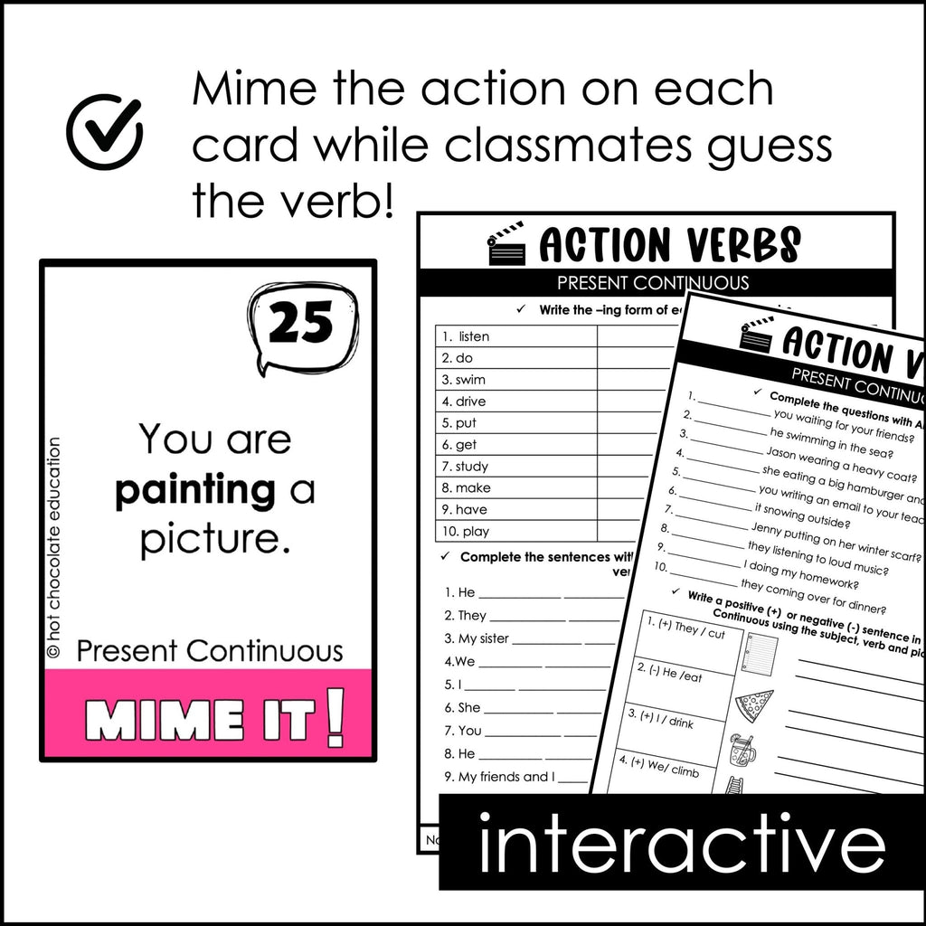 Action Verb Charades | Present Continuous Tense Miming Game - Hot Chocolate Teachables