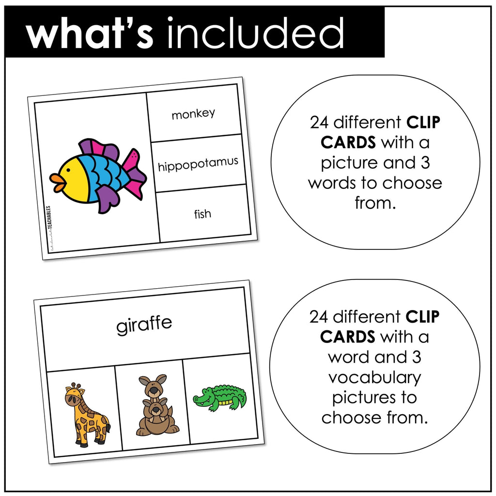 Animal Vocabulary CLIP CARD activity task cards for ELL - ESL - EFL - Hot Chocolate Teachables