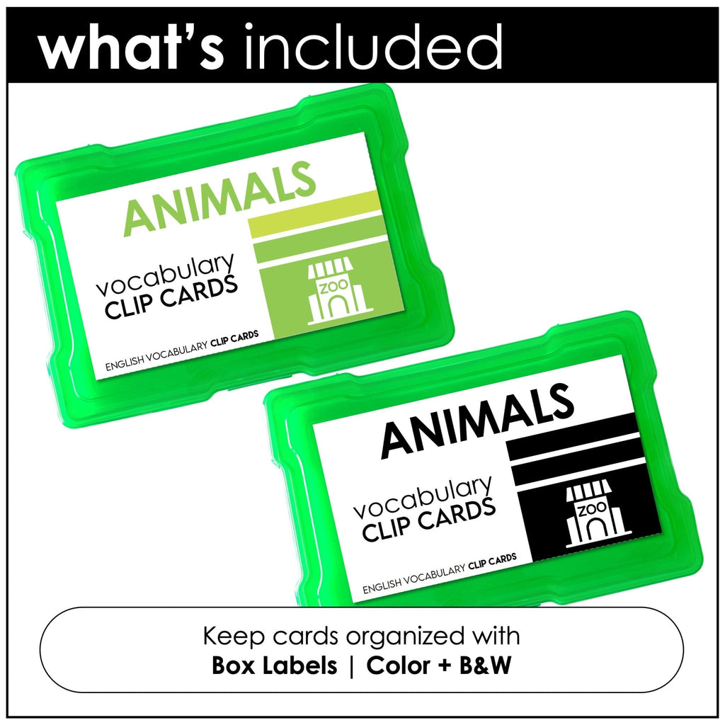 Animal Vocabulary CLIP CARD activity task cards for ELL - ESL - EFL - Hot Chocolate Teachables