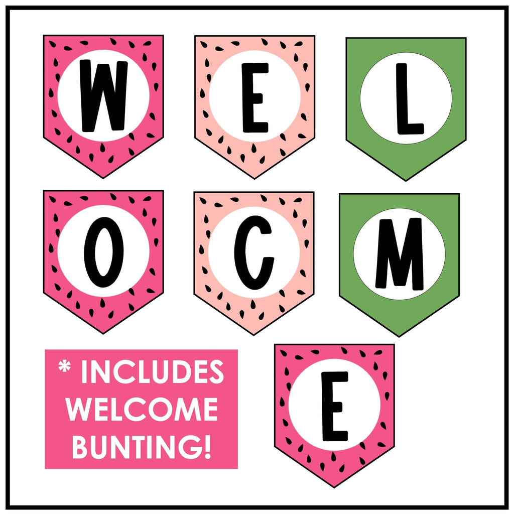 Bulletin Board Borders with Welcome Bunting - Watermelon Sugar: Pink & Green - Hot Chocolate Teachables