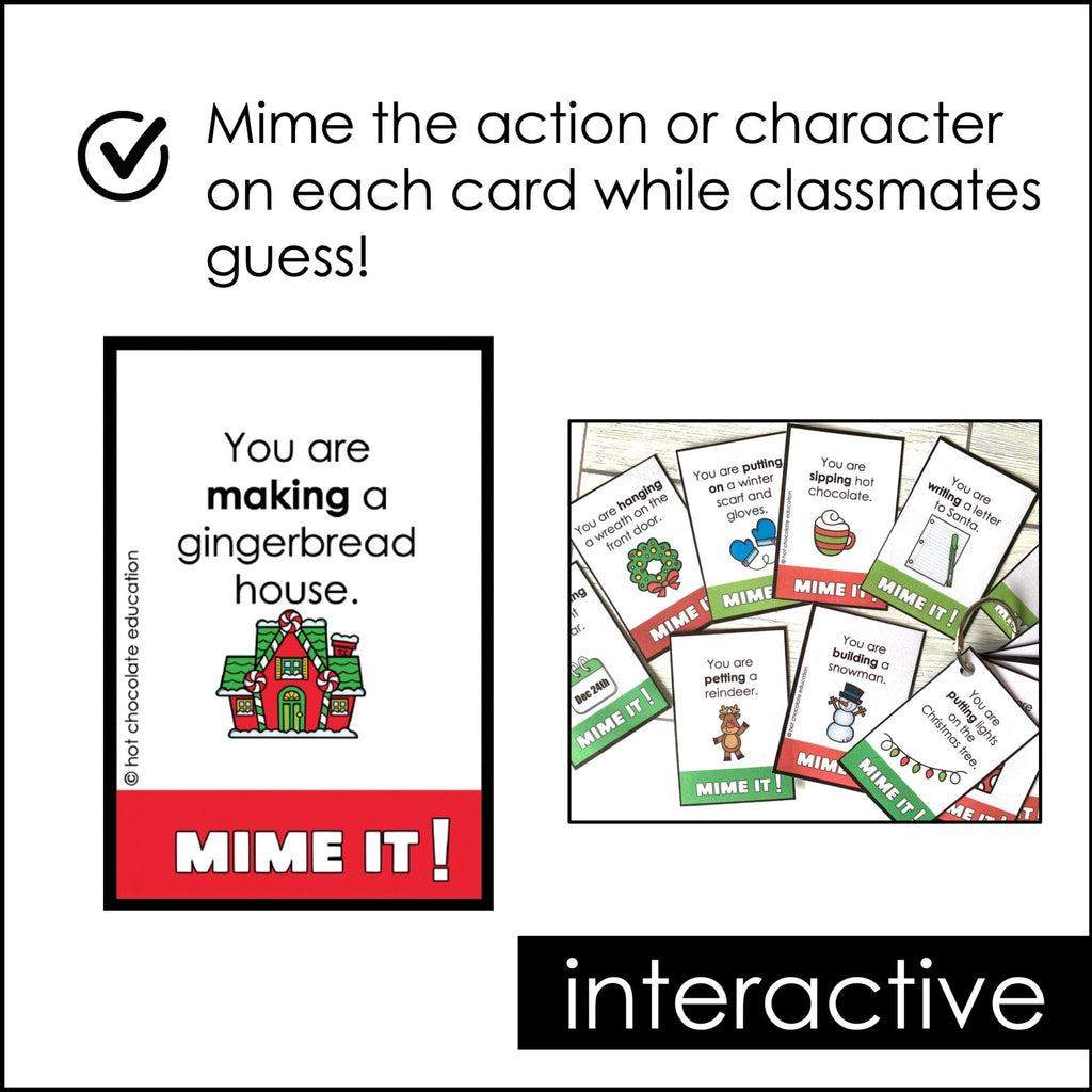 Christmas Action Verb Charades - Present Continuous Miming Cards - Hot Chocolate Teachables