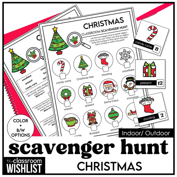 Christmas Vocabulary Picture Scavenger Hunt - Holiday Party Game with Clues - Hot Chocolate Teachables