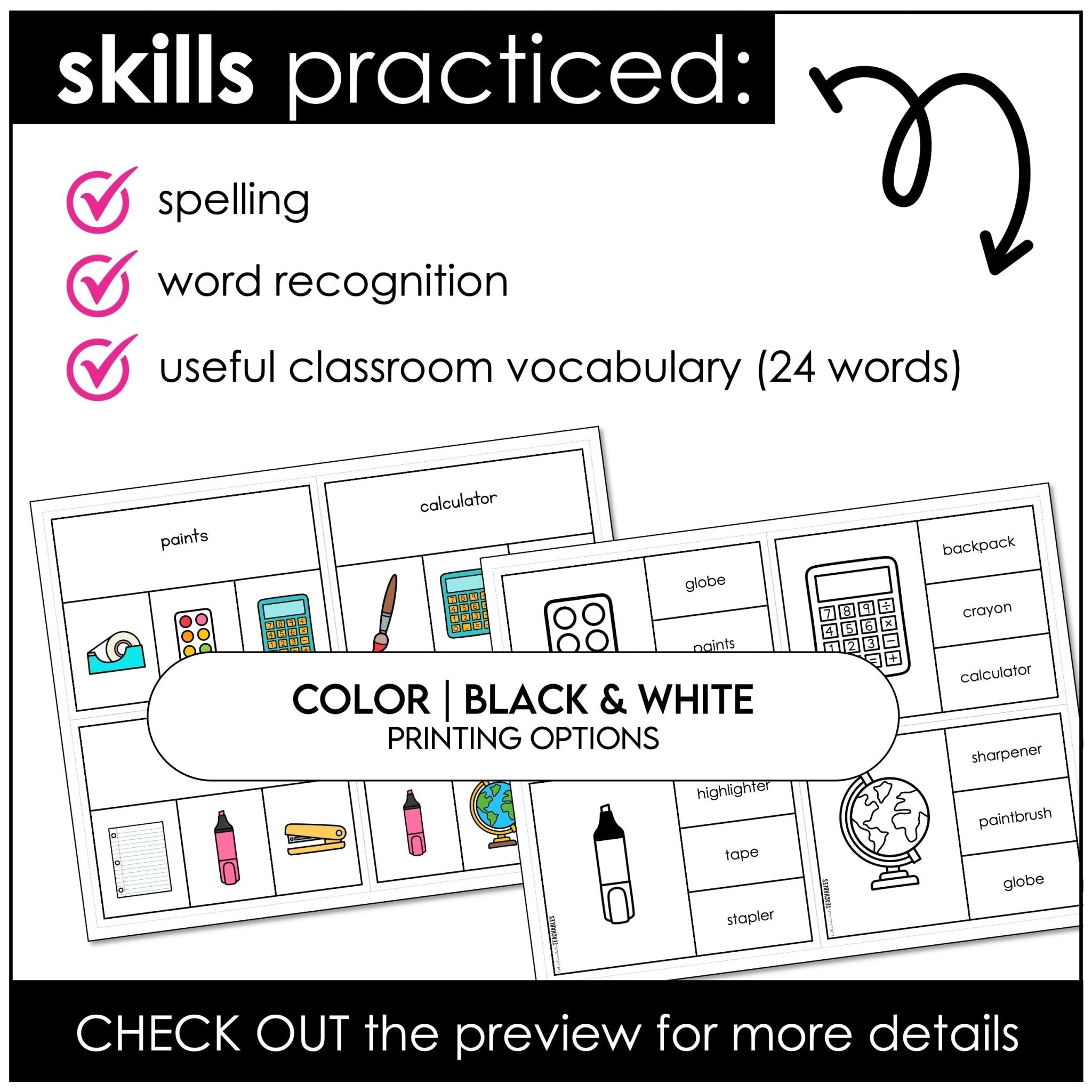 Classroom & School Supplies Vocabulary CLIP CARDS for ELL - ESL - EFL ...