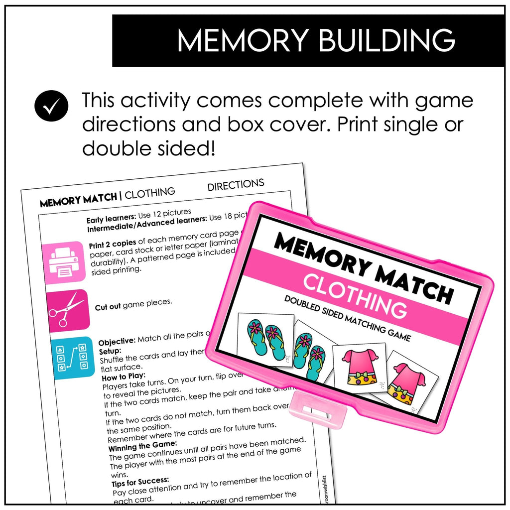 Clothing Memory Game | Picture Cards | Clothes Vocabulary Matching Activity - Hot Chocolate Teachables