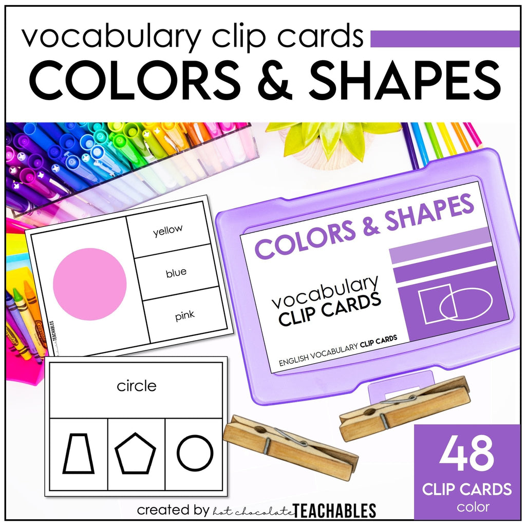 Colors and Shapes Vocabulary CLIP CARD activity task cards for ELL ESL ELD - Hot Chocolate Teachables