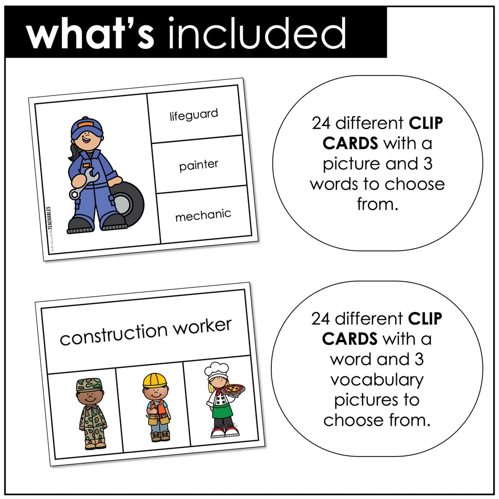 Community Helpers Vocabulary CLIP CARD activity task cards | Jobs & Careers - Hot Chocolate Teachables