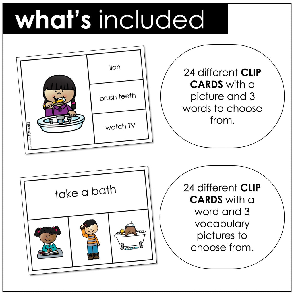 Daily Routine Verbs Vocabulary CLIP CARD activity task cards for ELL - ESL - EFL (Copy) - Hot Chocolate Teachables