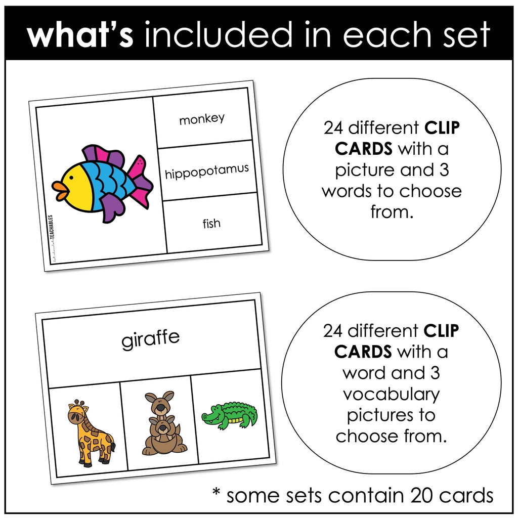 English Core Vocabulary Clip Card Bundle - Objects, Verbs, School, City, Clothes - Hot Chocolate Teachables