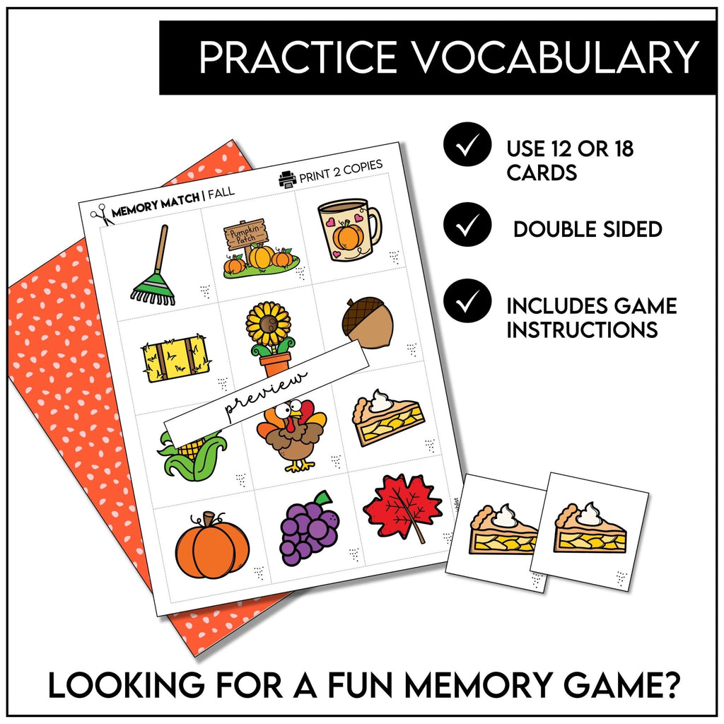 Fall Memory Game | Picture Cards | Autumn Vocabulary Matching Activity - Hot Chocolate Teachables