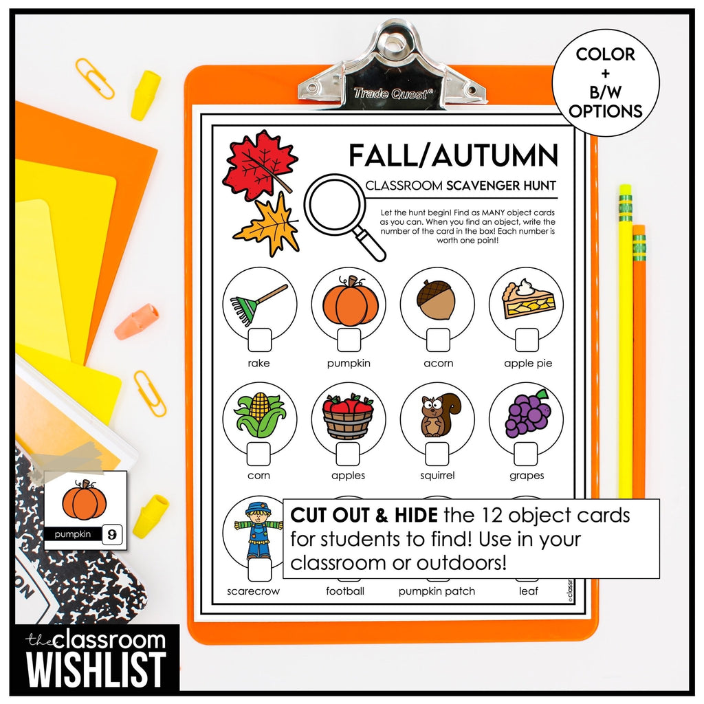 Fall Vocabulary Scavenger Hunt - Autumn Activity - Search for Objects w/ clues - Hot Chocolate Teachables