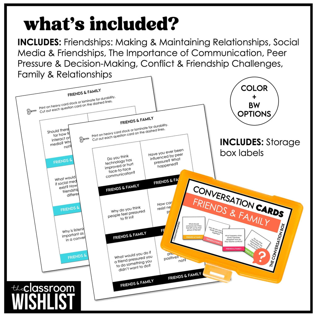 Friendships, Family & Social Life Conversation Cards | 60 ESL Discussion Prompts - Hot Chocolate Teachables