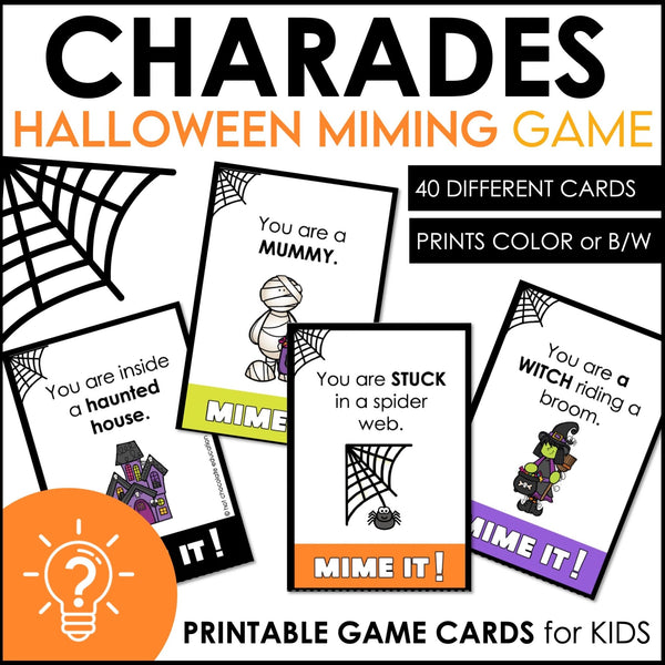 Halloween Charades | Miming Game Cards for Kids - Action Verbs & Costumes - Hot Chocolate Teachables