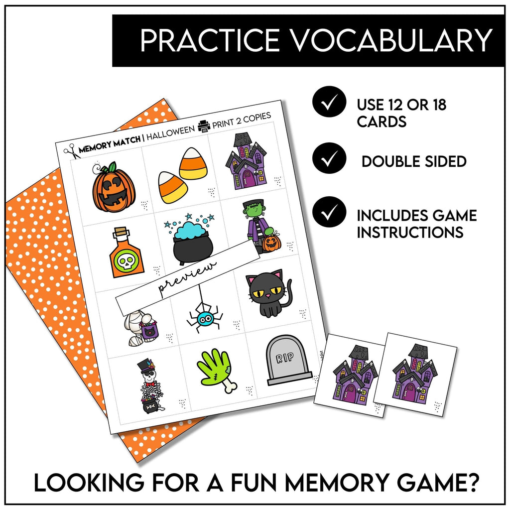 Halloween Memory Game | Picture Cards | October Vocabulary Matching Activity - Hot Chocolate Teachables