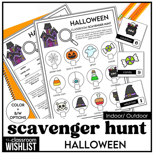 Halloween Vocabulary Scavenger Hunt - Classroom Party Game with Clues - Hot Chocolate Teachables