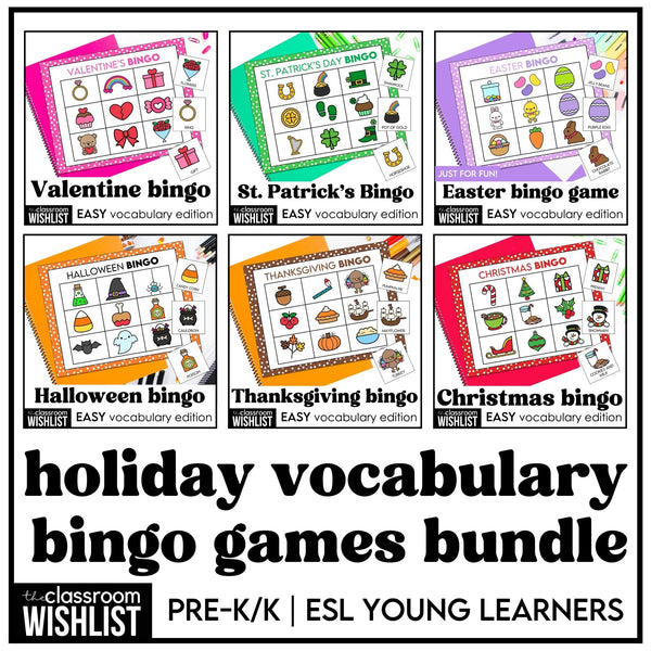 Holiday Vocabulary Bingo Bundle for Preschool | Kindergarten | ESL Learners - Hot Chocolate Teachables