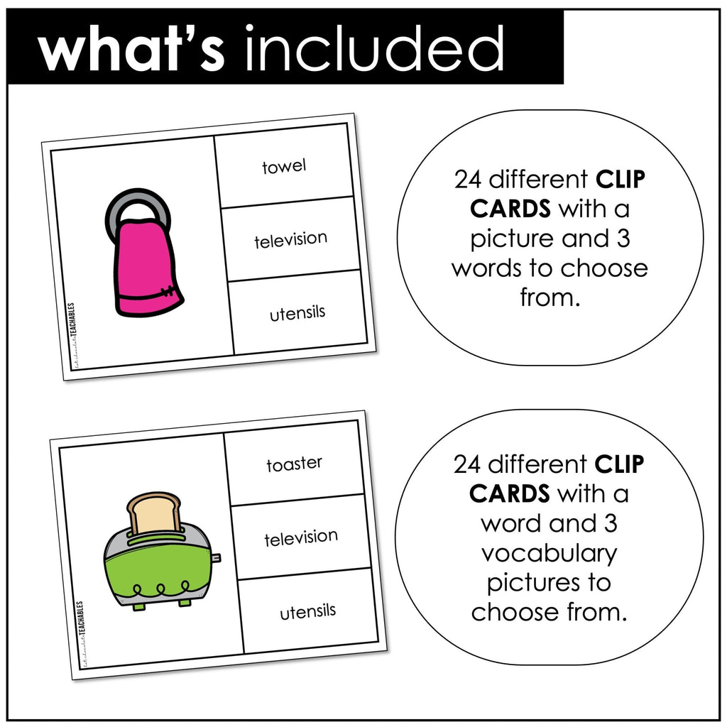 House Vocabulary CLIP CARD activity task cards for Household Objects - Hot Chocolate Teachables