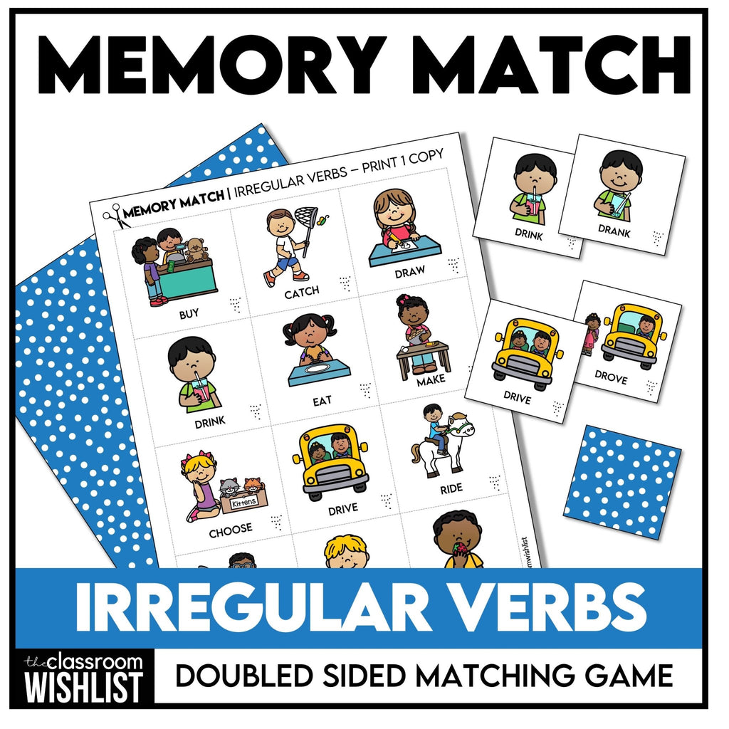 Irregular Verb Memory Game | Infinitive to Past Tense Verb Picture Match Cards - Hot Chocolate Teachables