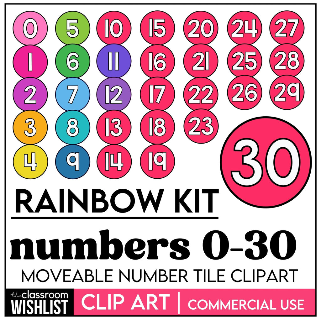 Moveable Number Images 0 - 30 | Rainbow Numbers Counting Clipart - 403 images - Hot Chocolate Teachables