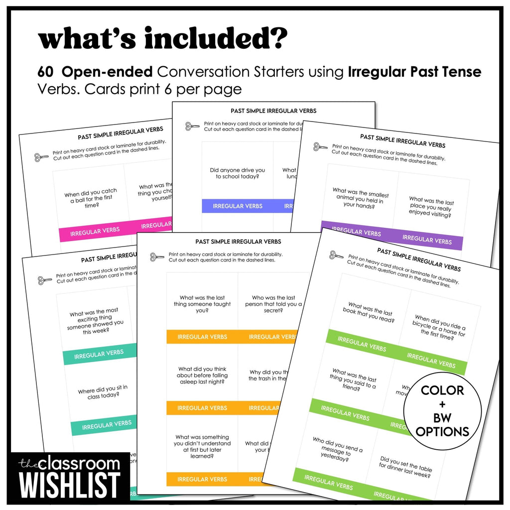 Past Simple Irregular Verb Conversation Cards | 60 Open - Ended Speaking Questions - Hot Chocolate Teachables