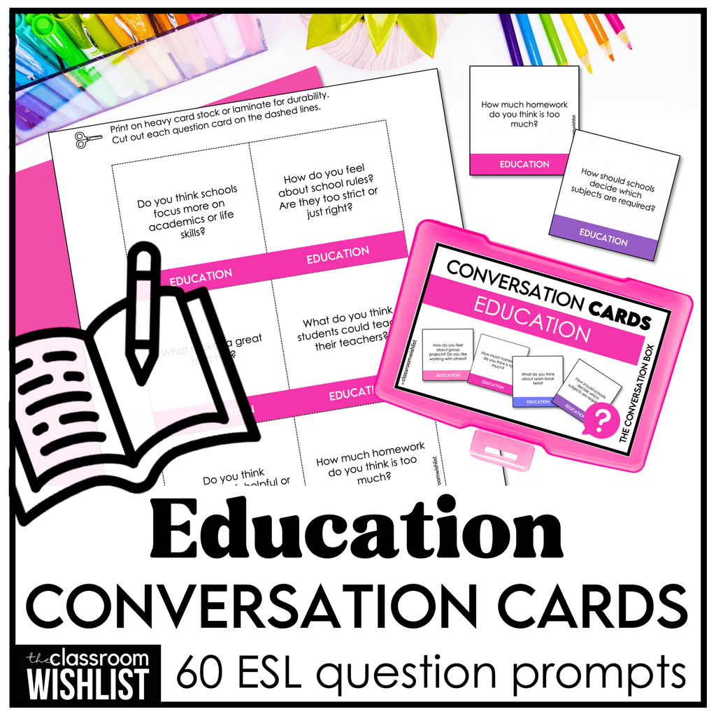 School & Education Conversation Cards | 60 ESL Discussion Prompts for Teens & Ad - Hot Chocolate Teachables