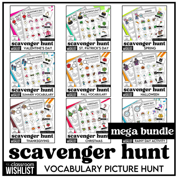 Seasonal & Holiday Scavenger Hunt Bundle – Vocabulary Picture Hunt Party Bundle - Hot Chocolate Teachables