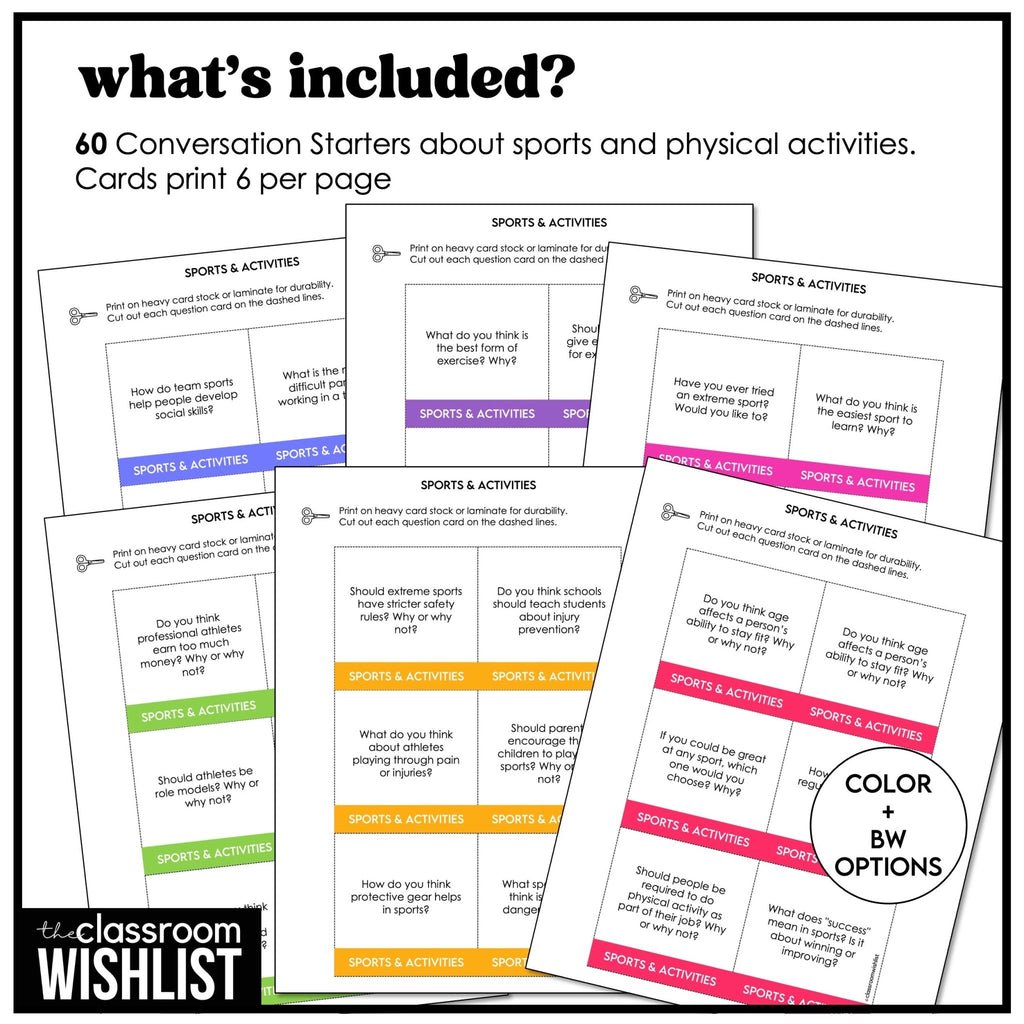 Sports & Physical Activities Conversation Starters | Question Cards | ESL, EFL - Hot Chocolate Teachables