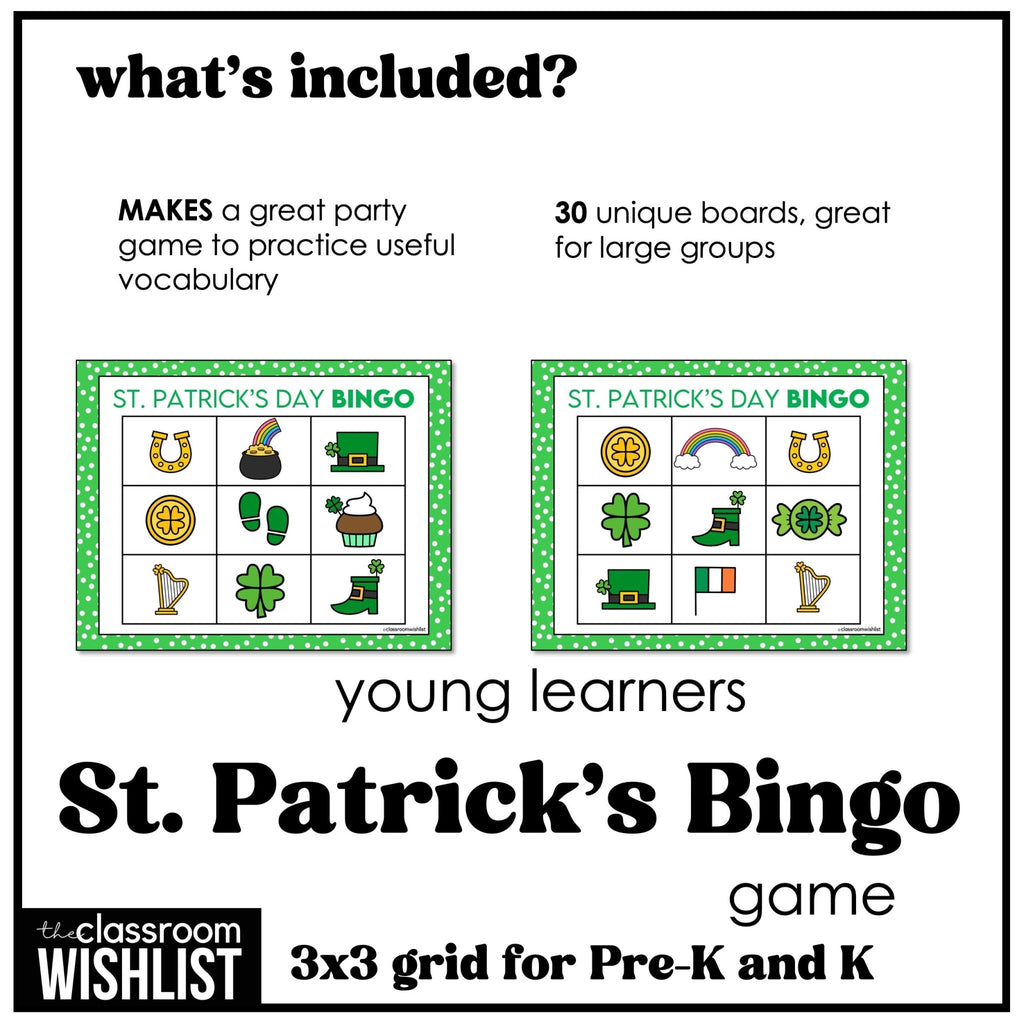 St. Patrick's Day Bingo Game for Preschool and Kindergarten - Easy Vocabulary - Hot Chocolate Teachables