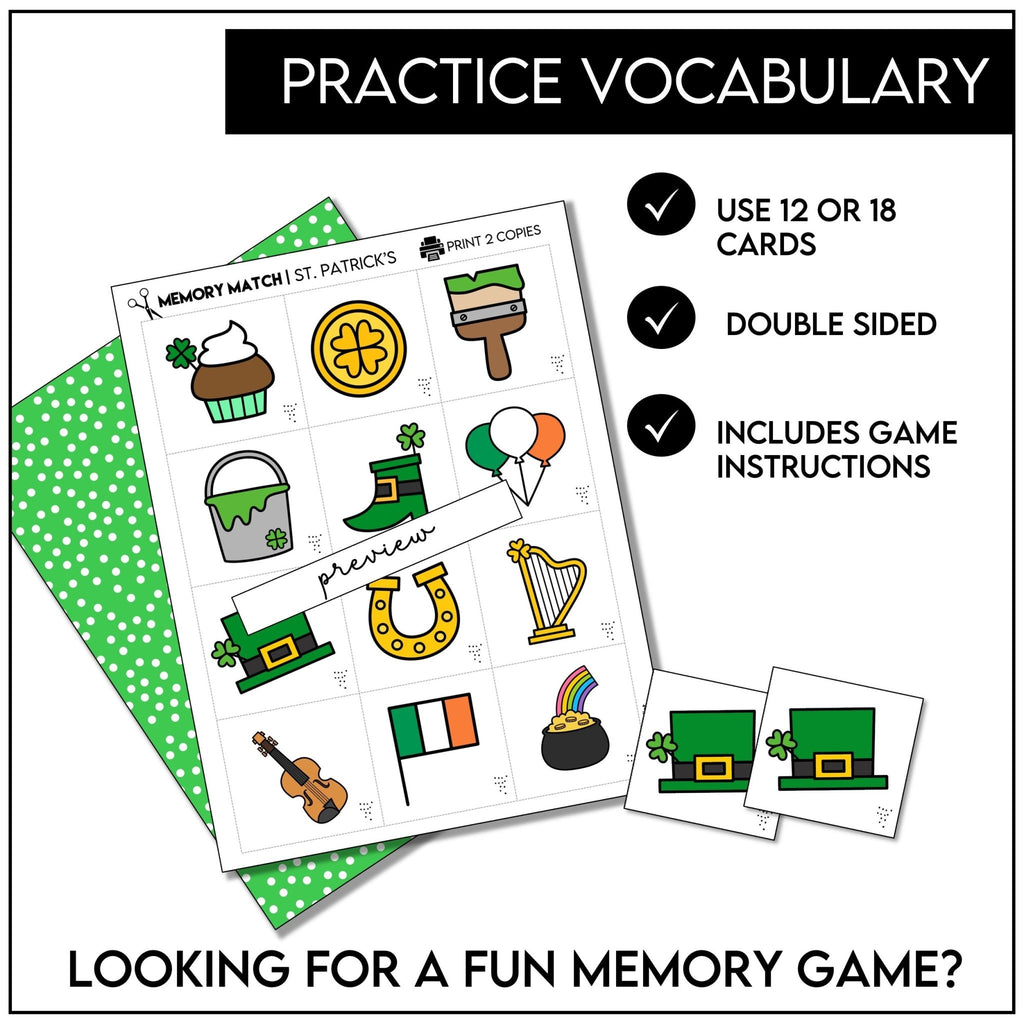 St. Patrick's Day Memory Game | Printable Matching Activity | Vocabulary Cards - Hot Chocolate Teachables