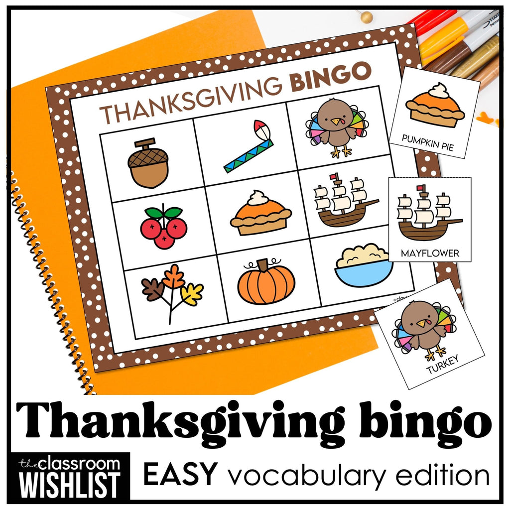 Thanksgiving Bingo Game for Preschool & Kindergarten | ESL Vocabulary Activity - Hot Chocolate Teachables