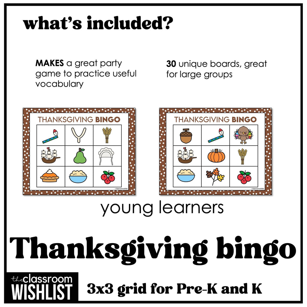 Thanksgiving Bingo Game for Preschool & Kindergarten | ESL Vocabulary Activity - Hot Chocolate Teachables