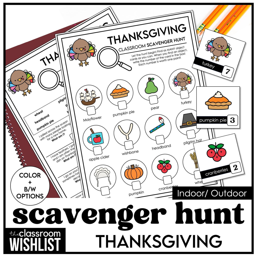 Thanksgiving Vocabulary Scavenger Hunt - Classroom Party Game with Clues - Hot Chocolate Teachables