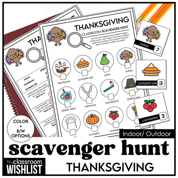 Thanksgiving Vocabulary Scavenger Hunt - Classroom Party Game with Clues - Hot Chocolate Teachables