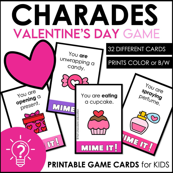 Valentine's Day Action Verb Charades : Present Continuous Miming Cards - Hot Chocolate Teachables