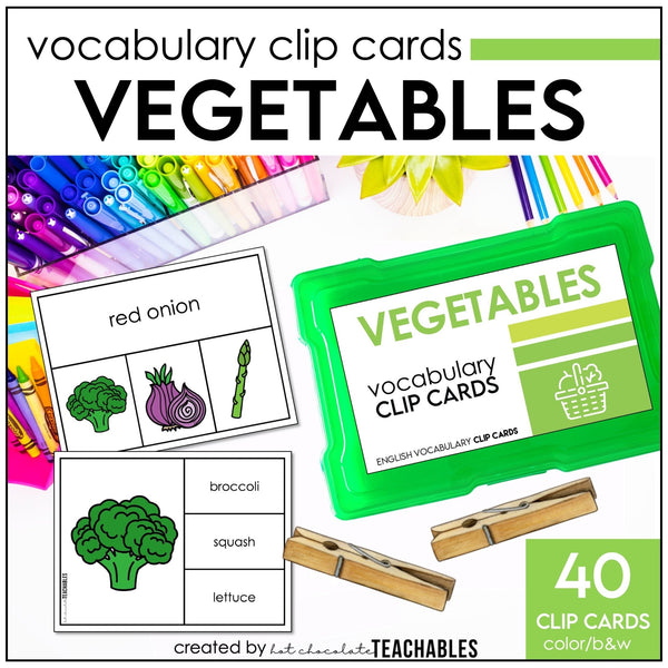 Vegetable Vocabulary CLIP CARD activity task cards for ELL - ESL - EFL - Hot Chocolate Teachables