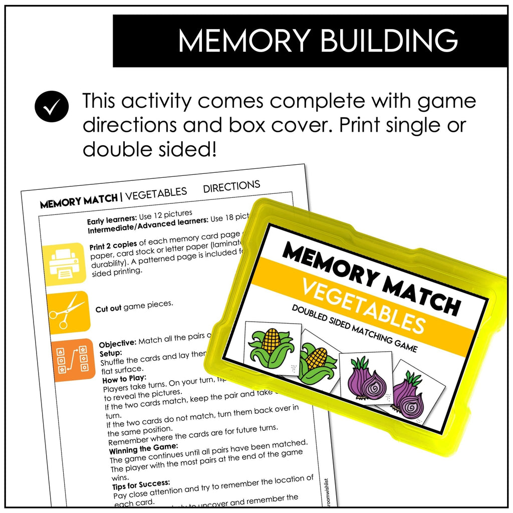 Vegetable Vocabulary Memory Game | Picture Cards | Matching Activity - Hot Chocolate Teachables