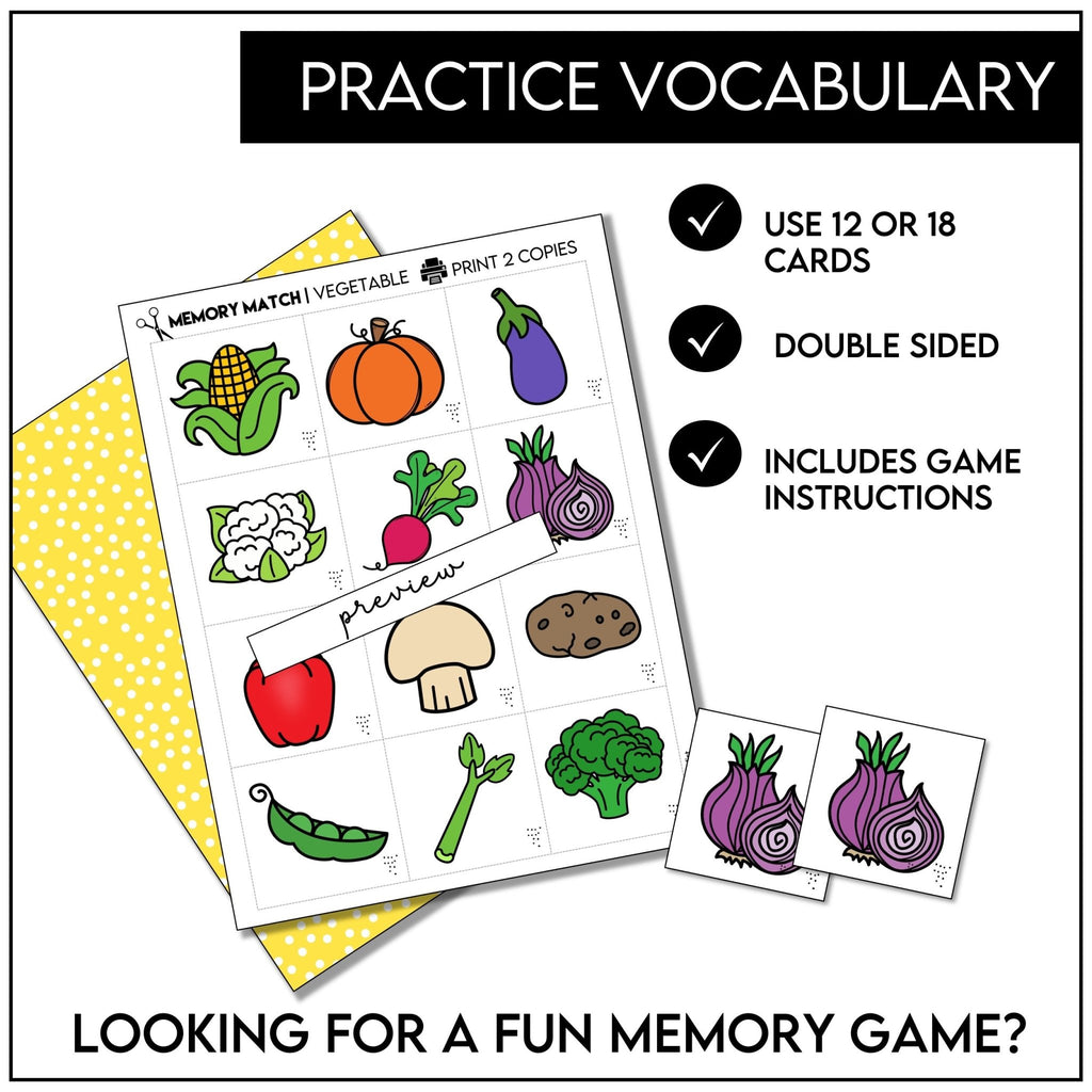 Vegetable Vocabulary Memory Game | Picture Cards | Matching Activity - Hot Chocolate Teachables