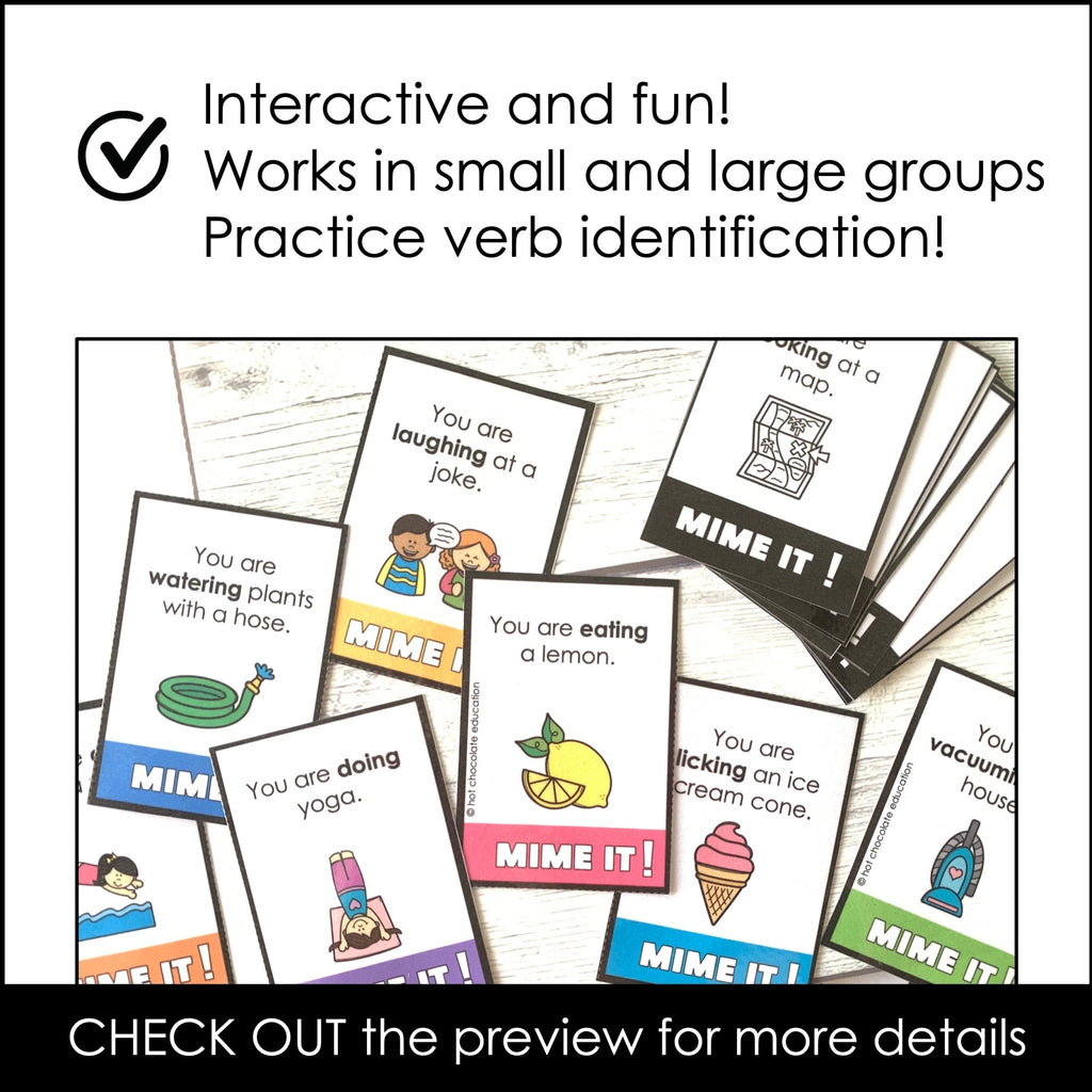 Verb Charades | Miming Game Cards for Kids - Hot Chocolate Teachables