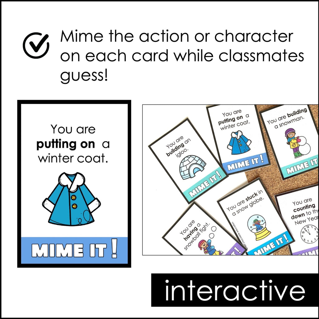 WINTER Charades : Action Verb and Noun Miming Cards - Hot Chocolate Teachables
