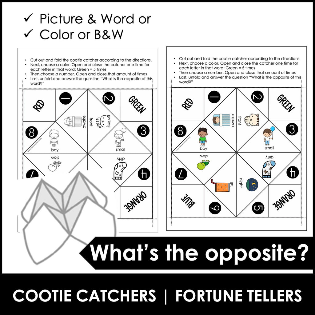 Antonyms Activity : What's the Opposite? Cootie Catcher - Fortune Tellers - Hot Chocolate Teachables