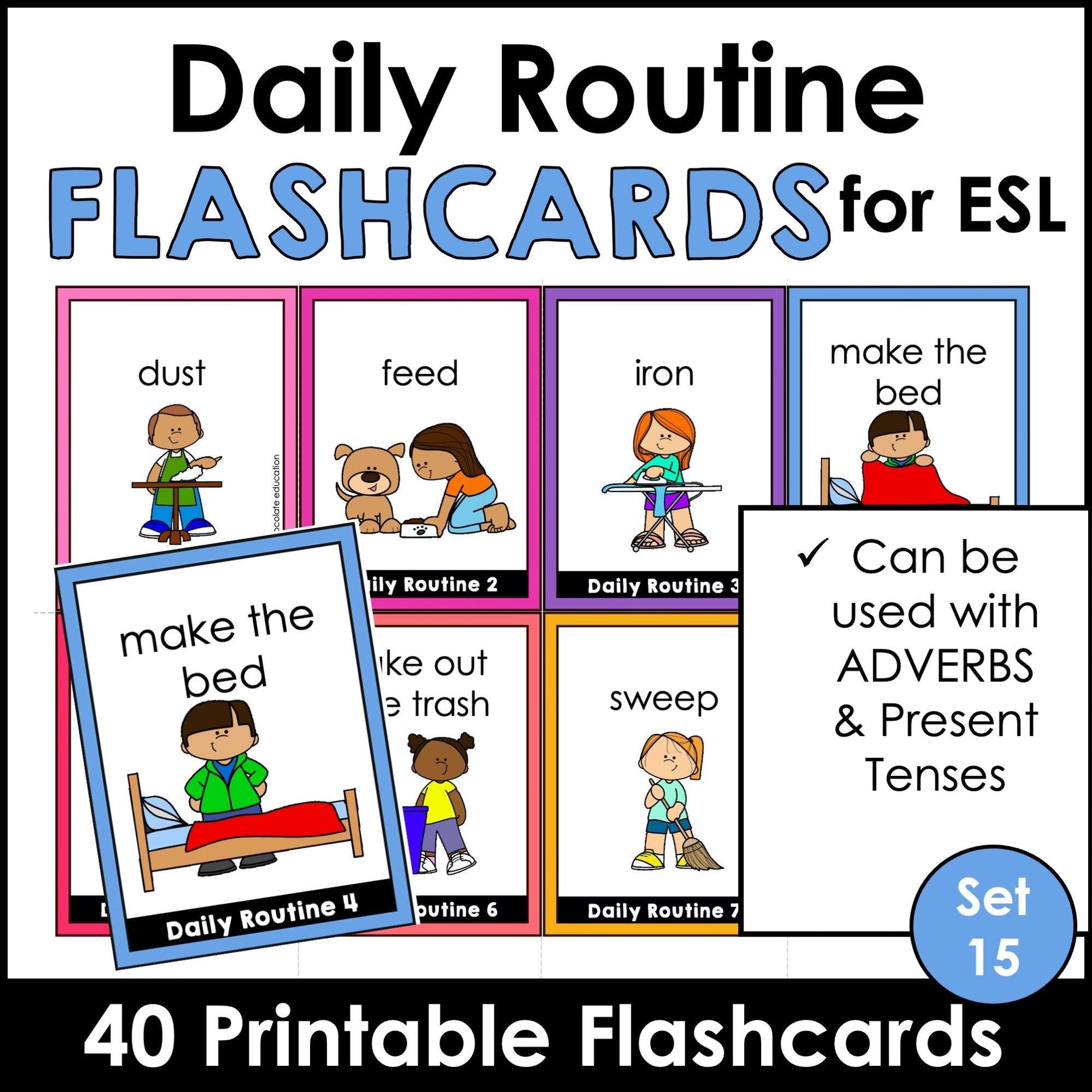 Basic Verbs & Chores Flashcards: ESL Task Cards – Hot Chocolate Teachables