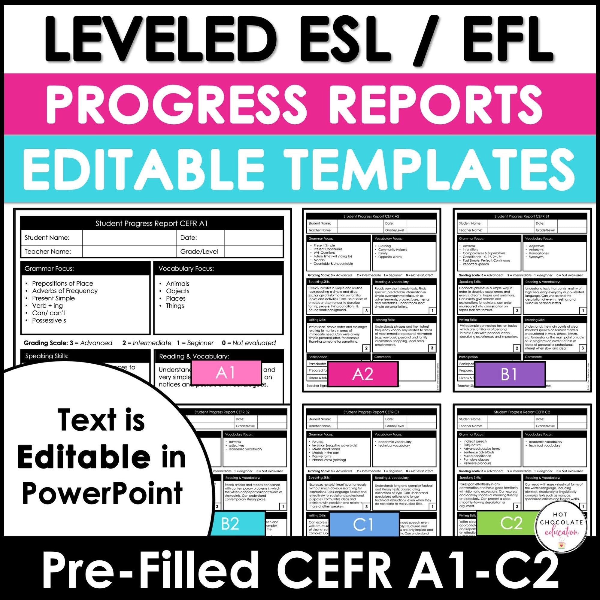 Progress Reports Report Cards Hot Chocolate Teachables   Editable Esl Efl Progress Reports Cefr Alignment A1 C2 957204 1998x1998 