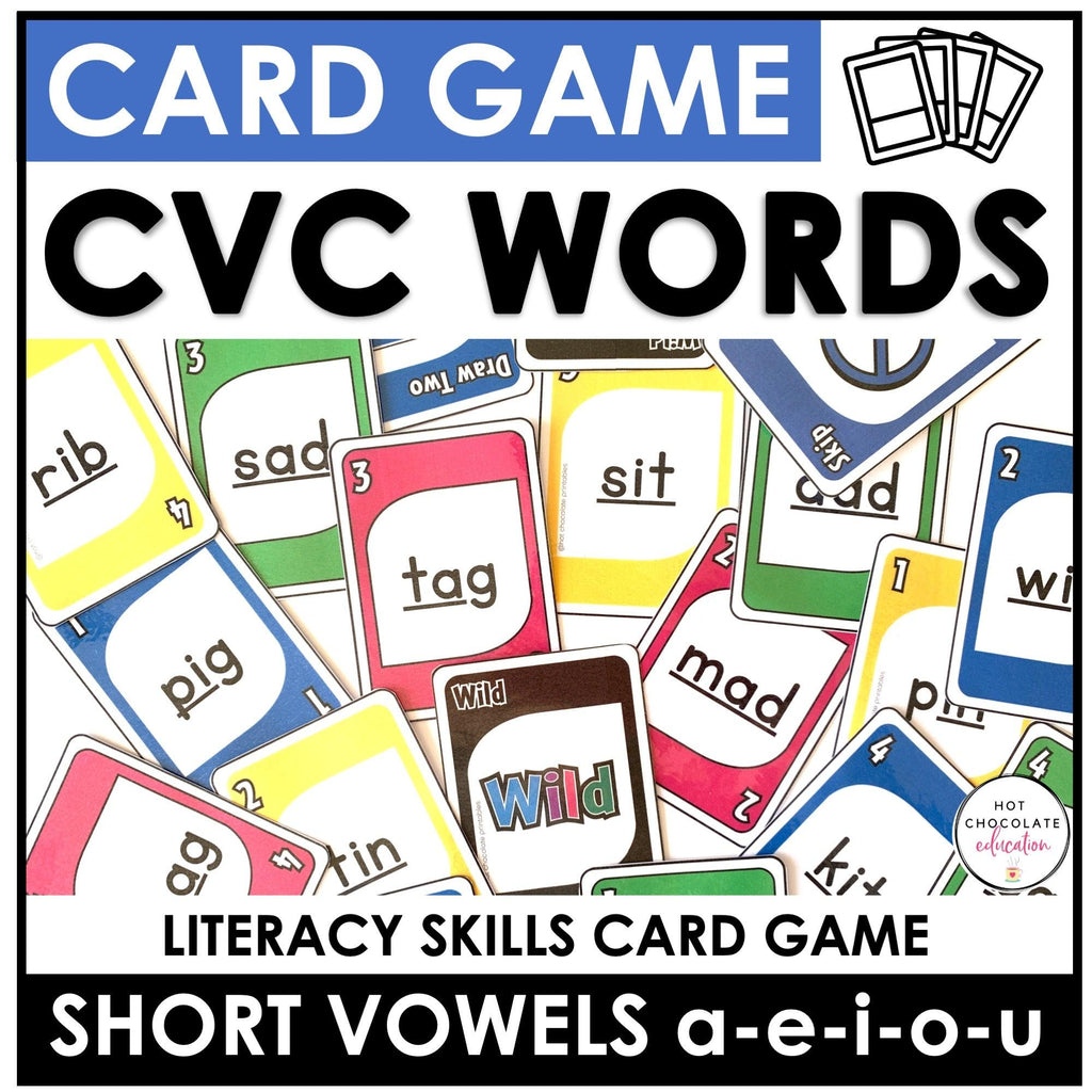 Literacy Card Game for CVC short vowels a-e-i-o-u – Hot Chocolate