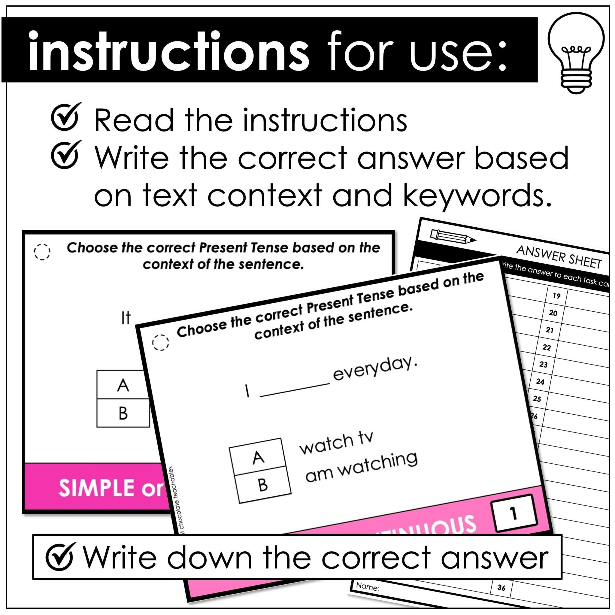 Verb Tense Task Cards Present Simple Or Continuous Hot Chocolate