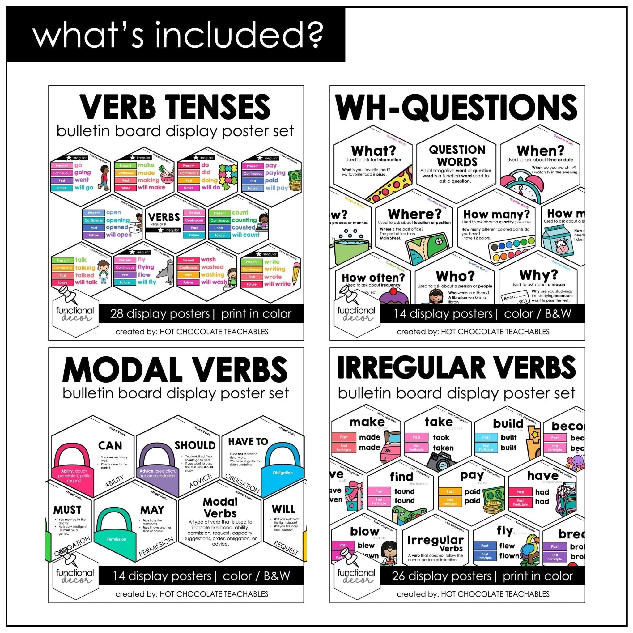 Wh Questions And Verb Tense Posters Esl Grammar Set Hot Chocolate Teachables